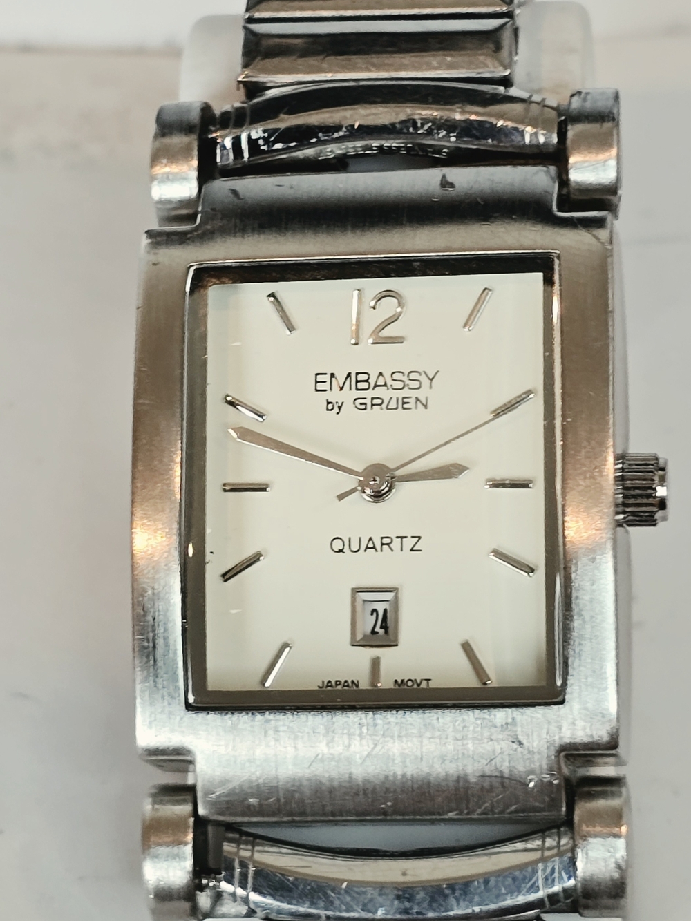 Embassy by Gruen Stainless Rectangular Silver Watch - White Dial